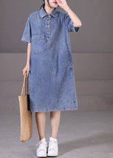 Vestido largo de algodón con bolsillos y botones, cuello vuelto, manga corta, de mezclilla azul, hecho a mano